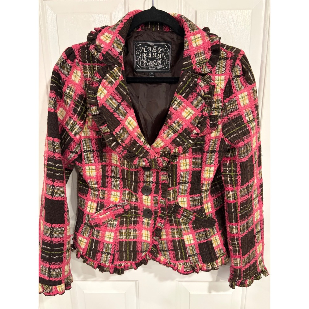 Woman's Vintage Y2K Last Kiss Size Medium Pink Plaid Blazer Jacket with Ruffles